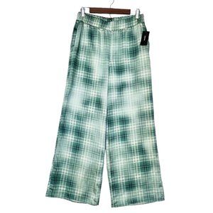 NWT Alfani Green Plaid Satin Statement Pull On Wide Leg Palazzo Pants Size Small